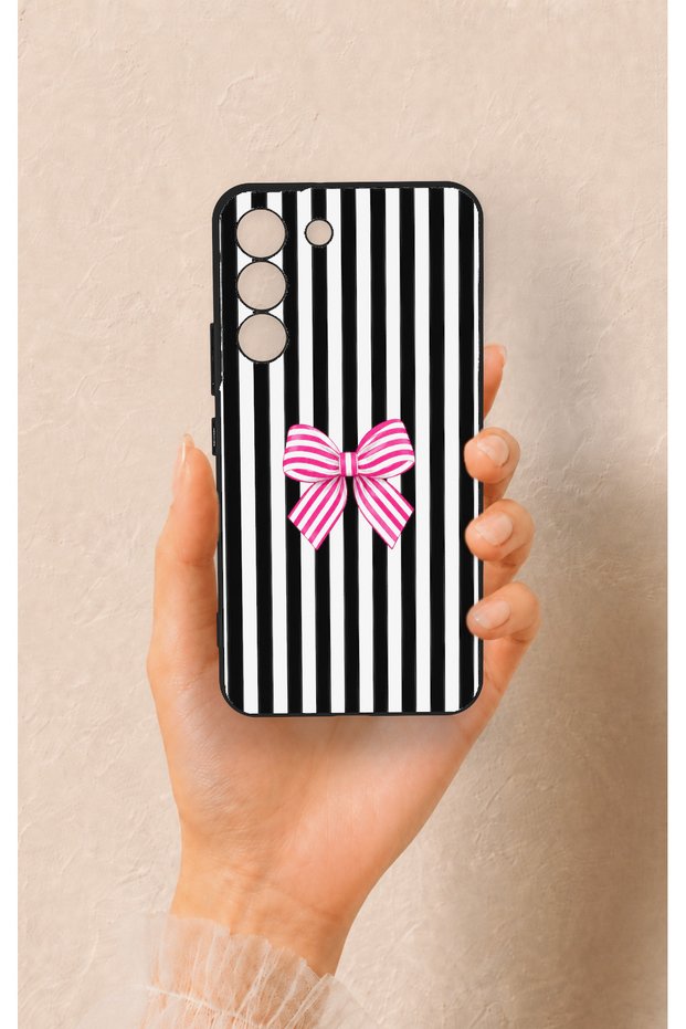 Samsung S22 Compatible Pink and White Ribbon Patterned Silicone Case