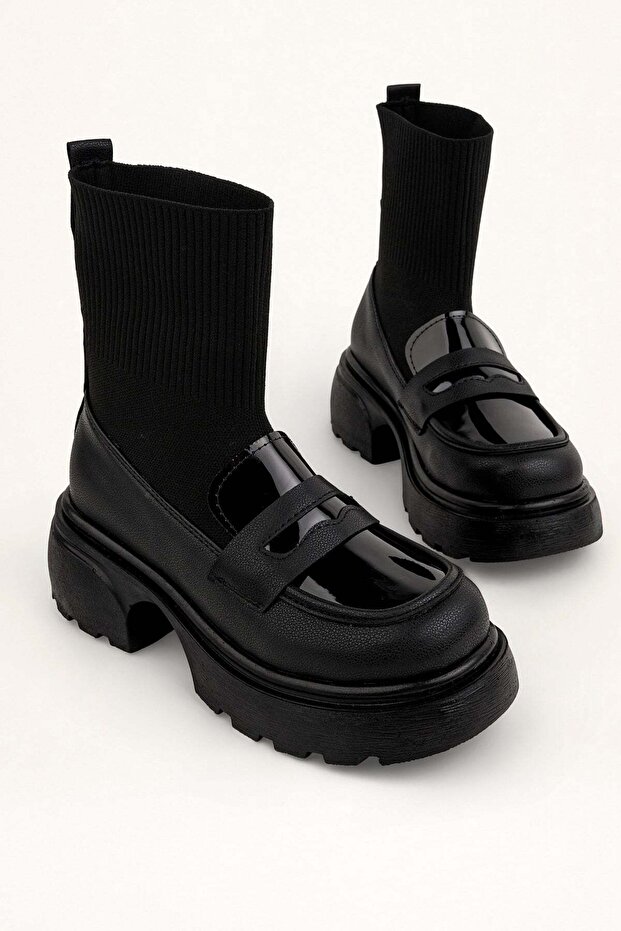 Women's Black Leather Knitwear Detailed High-Sole Boots