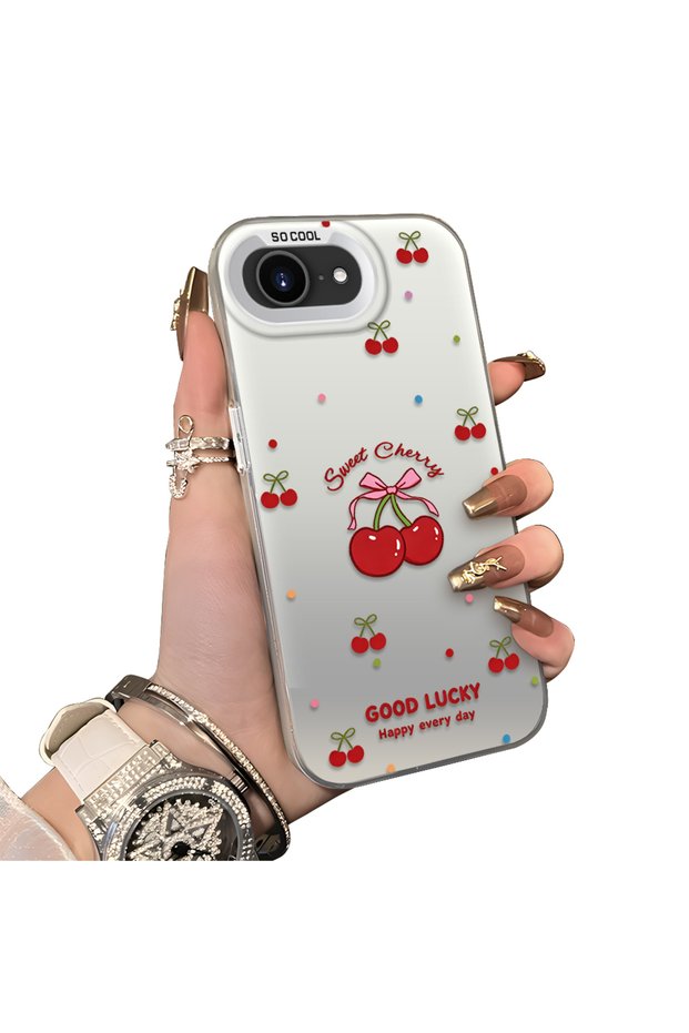 iPhone 16E Compatible Hard Acrylic Back Silicone Edge Lens Protection Cherry Case