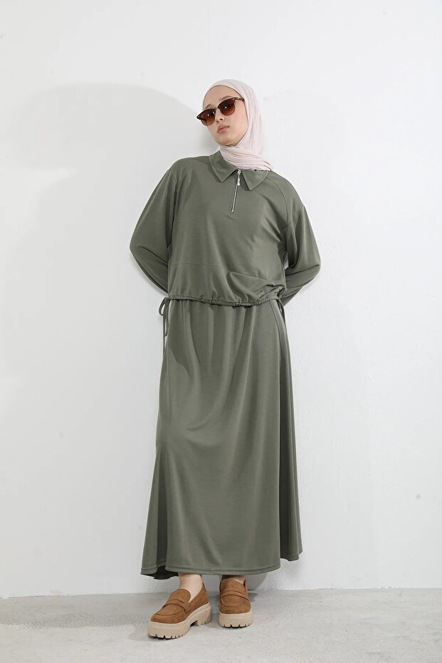 Collared Zipper Detail Skirt Suit - Khaki