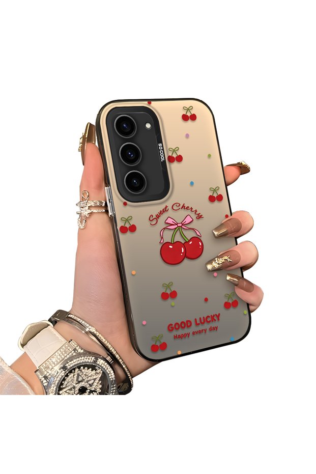Samsung Galaxy S23 Compatible Hard Acrylic Back Silicone Edge Lens Protection Cherry Case