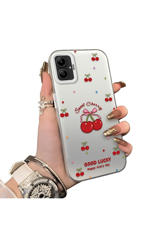 Samsung Galaxy A05 Compatible Hard Acrylic Back Silicone Edge Lens Protection Cherry Case