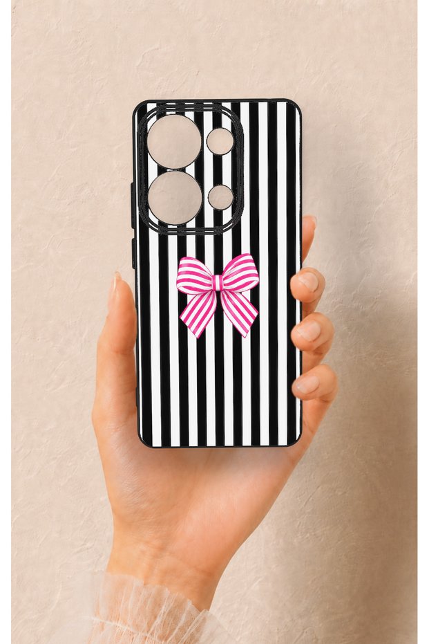 Redmi Note 13 Pro 4g Compatible Pink and White Ribbon Patterned Silicone Case