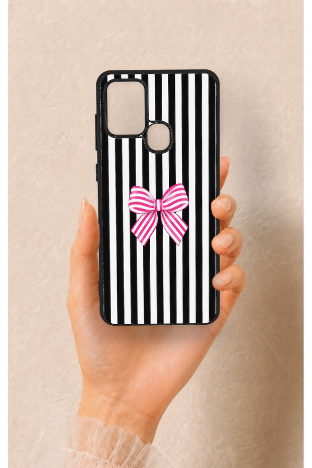 Samsung A21S Compatible Pink and White Ribbon Patterned Silicone Case