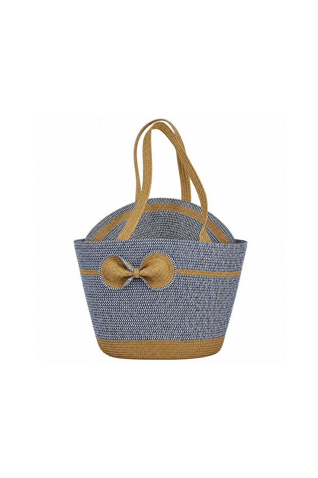 Women’s Woven Straw Beach Tote Bag with Bow Detail, Large Capacity Shoulder Handbag with Long Handles, Lightweight Summer Travel Shopping Vacation Bag – Blue & Beige