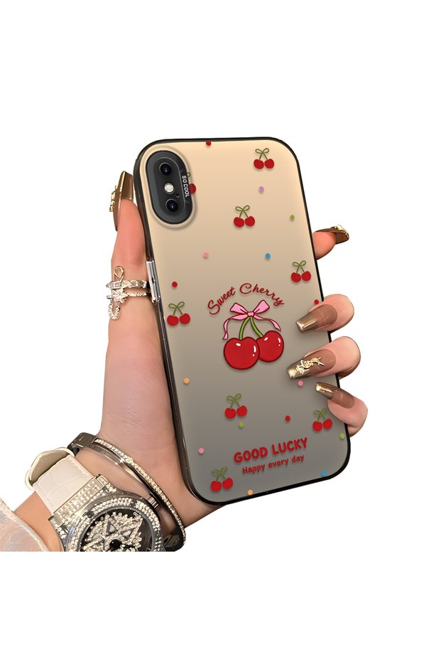 iPhone XS Max Compatible Hard Acrylic Back Silicone Edge Lens Protection Cherry Case