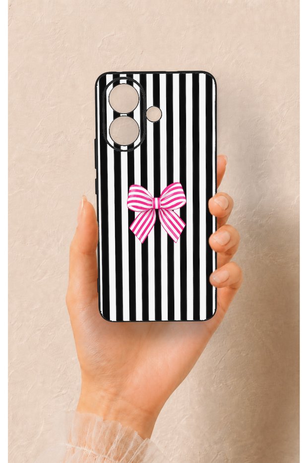 Vivo V60 Lite Compatible Pink and White Ribbon Patterned Silicone Case