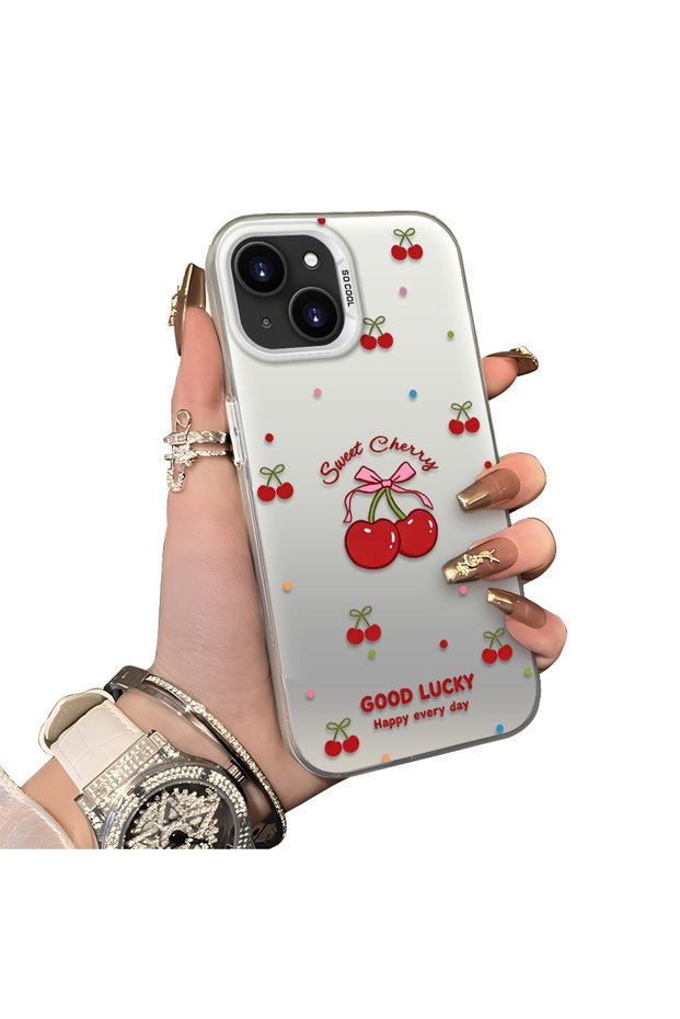 iPhone 15 Compatible Hard Acrylic Back Silicone Edge Lens Protection Cherry Case