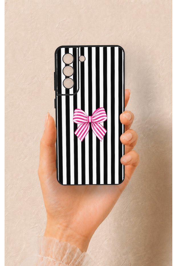 Samsung-S21Fe Compatible Pink and White Ribbon Patterned Silicone Case