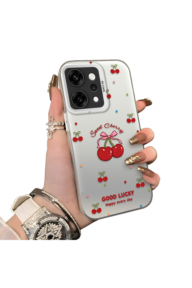 Oppo Reno14 Pro Compatible Hard Acrylic Back Silicone Edge Lens Protection Cherry Case