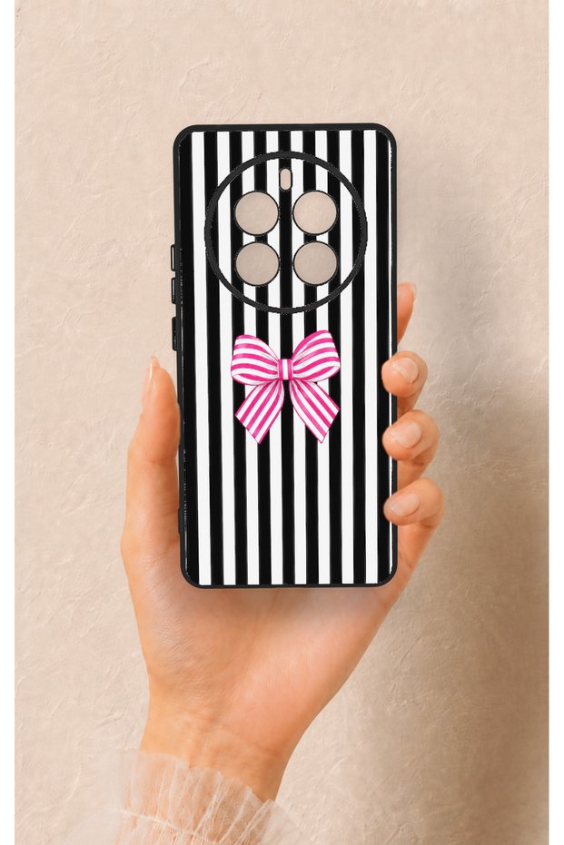 Realme 12 Pro Compatible Pink and White Ribbon Patterned Silicone Case