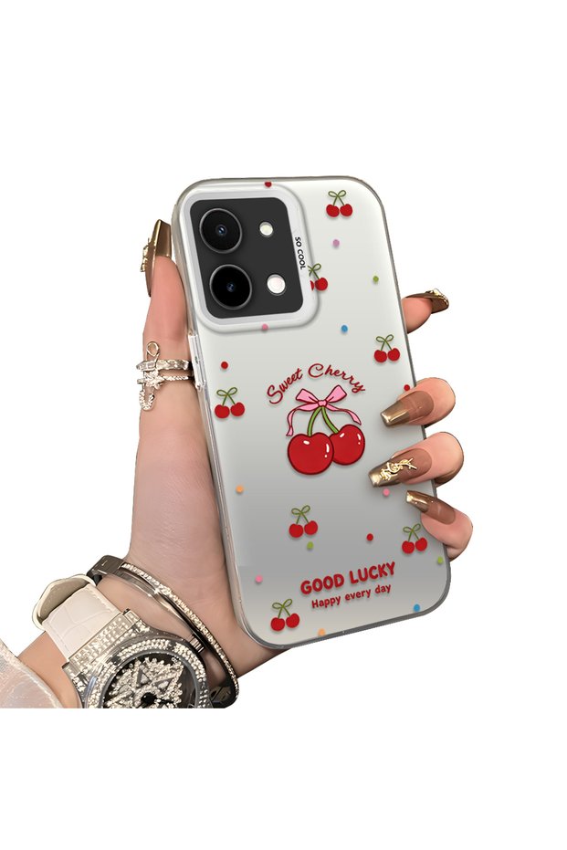 Vivo Y28 4g Compatible Hard Acrylic Back Silicone Edge Lens Protection Cherry Case