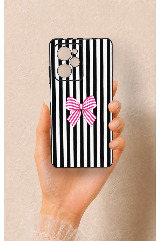 Poco X5 Pro Compatible Pink and White Ribbon Patterned Silicone Case