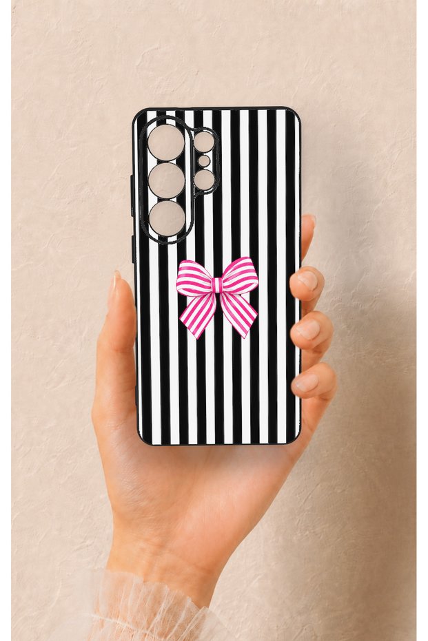 Samsung S26 Ultra Compatible Pink and White Ribbon Patterned Silicone Case