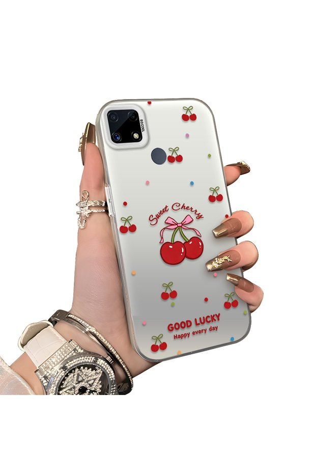Realme C15/C25/C25S Compatible Hard Acrylic Back Silicone Edge Lens Protection Cherry Case