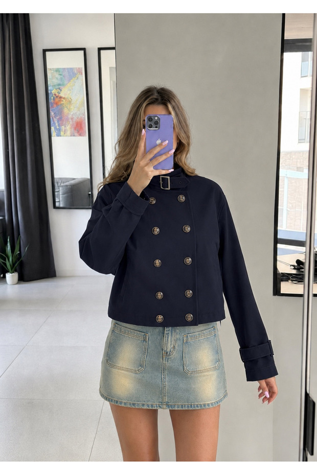 Choker Collar Belted Buttoned Trench Jacket