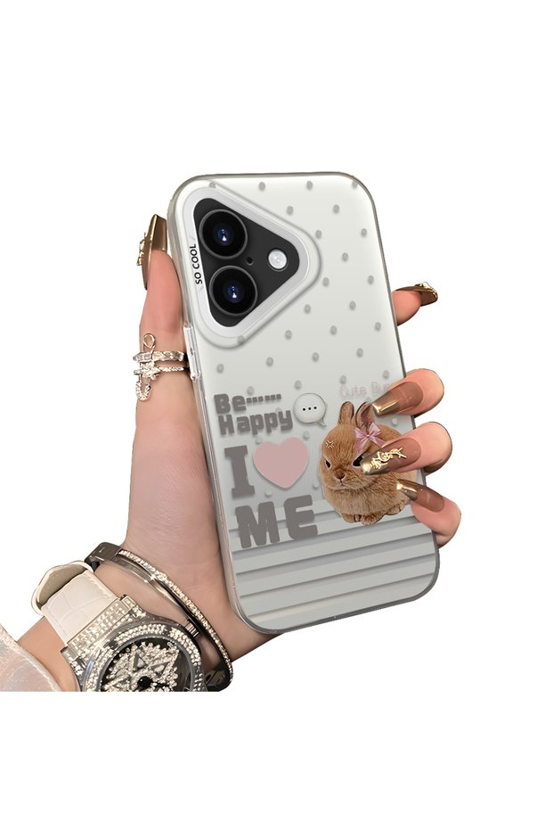 iPhone 16 Plus Compatible Hard Acrylic Back Silicone Edge Lens Protection Rabbit Case