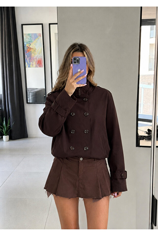 Choker Collar Belted Buttoned Trench Jacket
