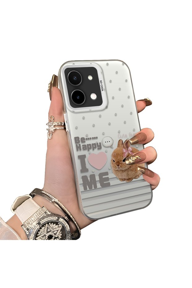 Vivo Y28 4g Compatible Hard Acrylic Back Silicone Edge Lens Protection Rabbit Case