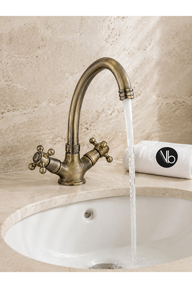 Koç Kuğu Series Lavabo Bataryası Brushed Antique Vintage Double Handle Long Swan Spout