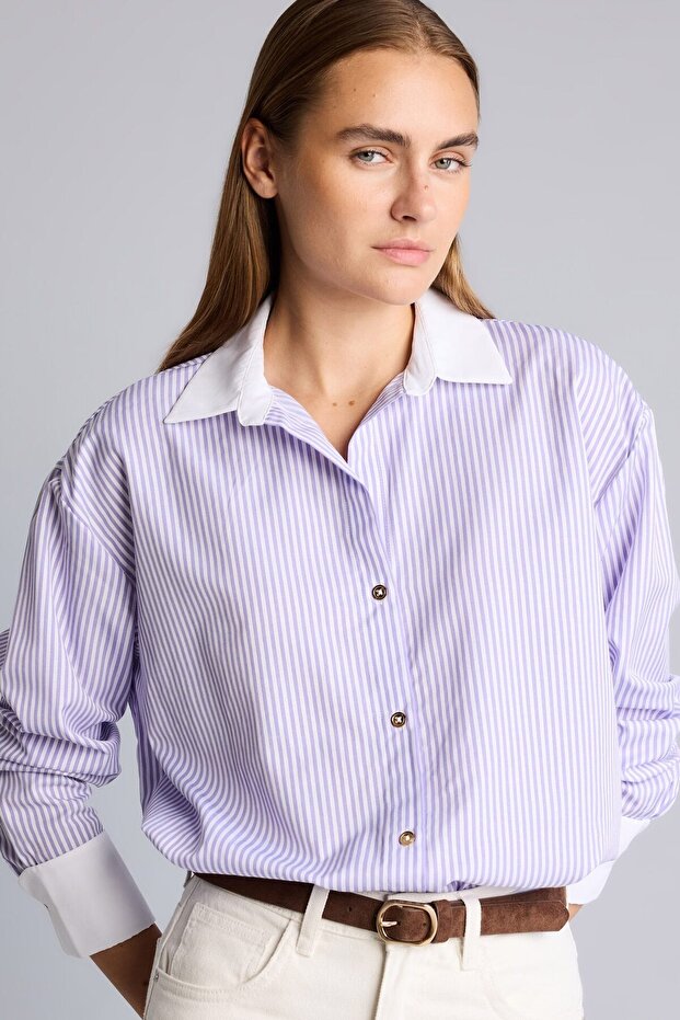 Oversize Contrast Collar Striped Poplin Shirt I8664Ax26Au
