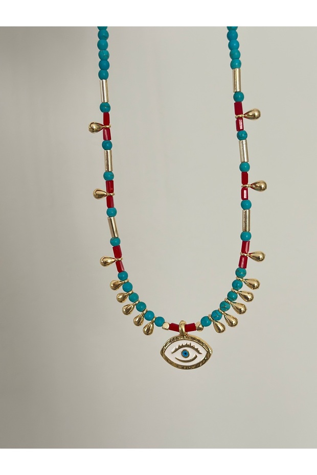 Turquoise bead necklace with eye charm detail