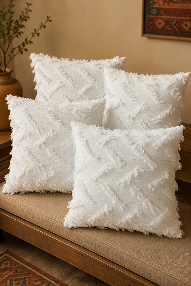 Chenille Fabric Cream Color Hidden Zipper Cushion Cover Set 4 Pieces (41 X 41 cm)