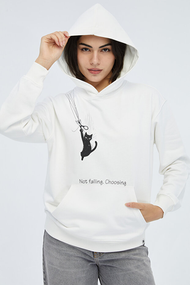 Kedi Baskılı Kapüşonlu Sweatshirt Basic Hoodie