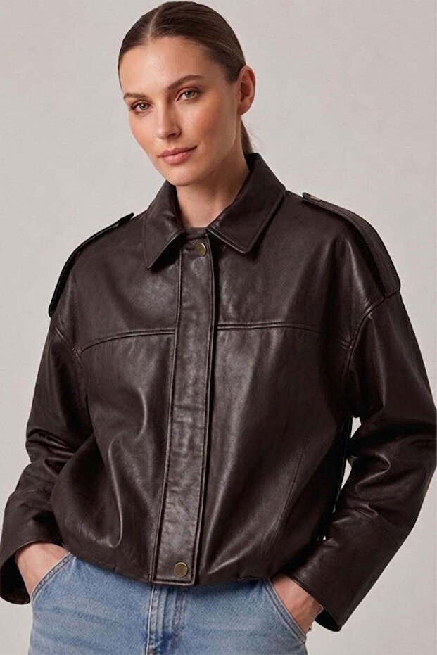Dark Brown Genuine Leather Oversized Women's Jacket with Cropped Belted Shoulder Epaulet Detail