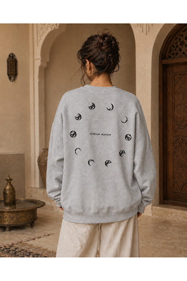Oversize 3 Thread Sweatshirt Moon Phases Dream Maker Back Printed Crew Neck Sweatshirt