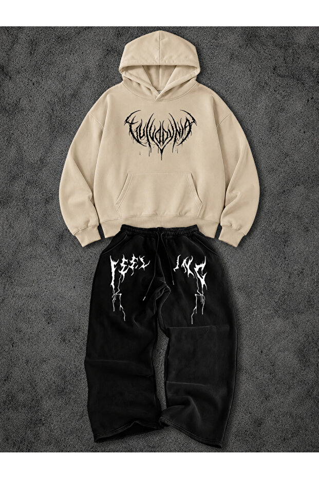 Unisex Men's and Women's Feeling Printed Oversize 3 Thread Hooded Hoodie and Baggy Bottom Sweatpants Set