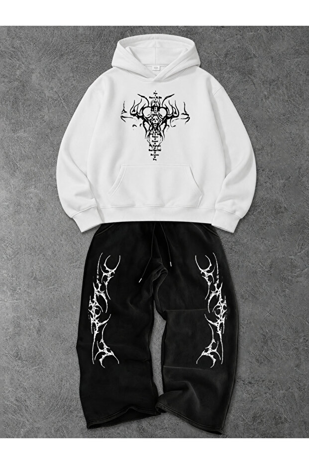 Unisex Men's and Women's Punch Printed Oversize 3 Thread Hooded Hoodie and Baggy Bottom Sweatpants Set