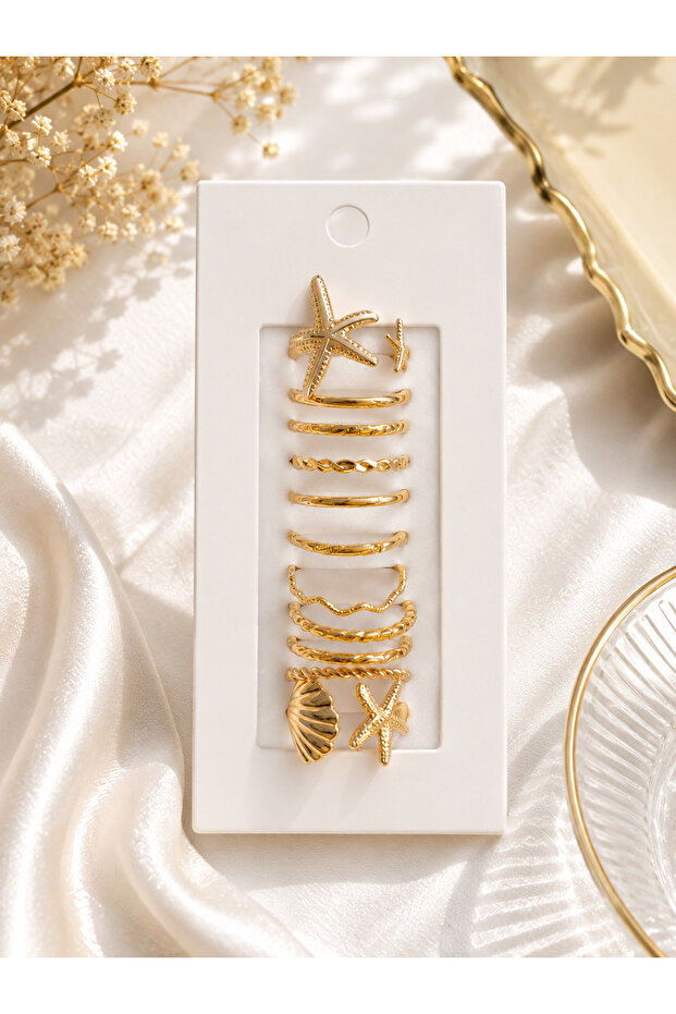 Set of 11 Gold Sea-Themed Rings – Multiple Combination Rings with Starfish & Seashell Details