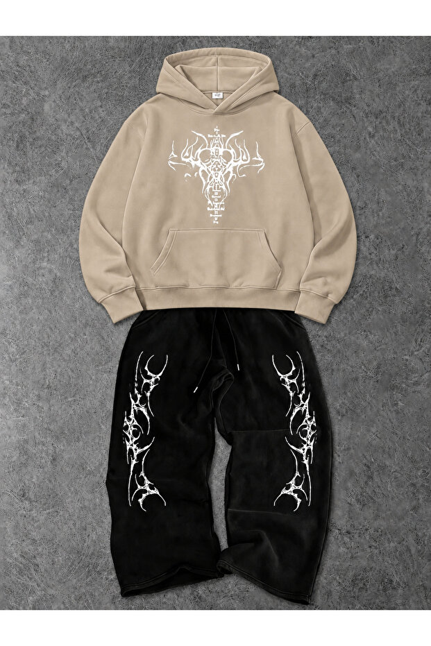 Unisex Men's and Women's Punch Printed Oversize 3 Thread Hooded Hoodie and Baggy Bottom Sweatpants Set