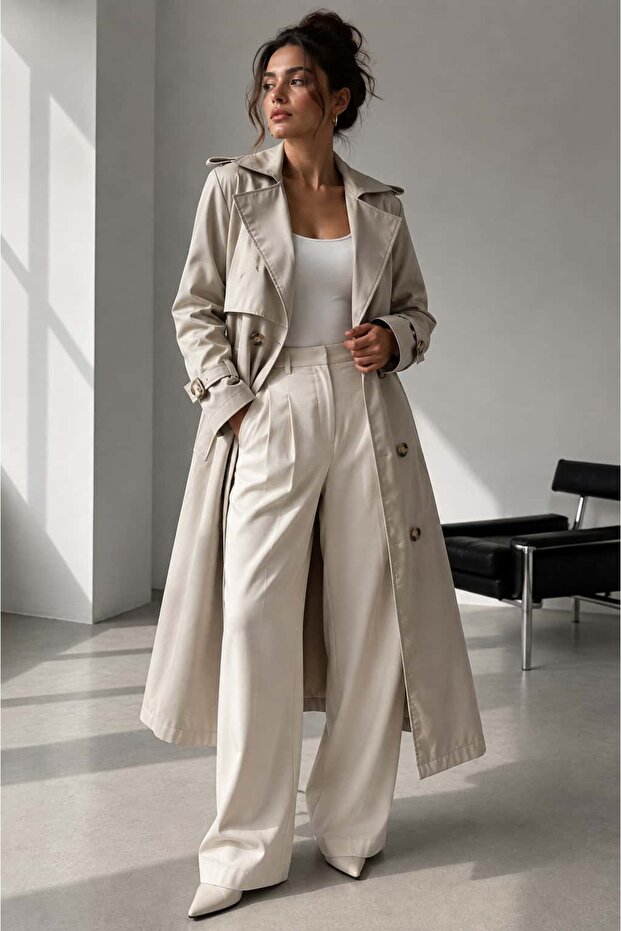 Women's Long Double-Breasted Trench Coat with Buttons Classic Model Tc0635
