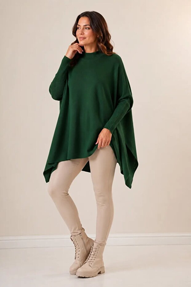 Women's Emerald Green Oversize Slit Poncho Knitwear Sweater Hzl23W-Bd1100761