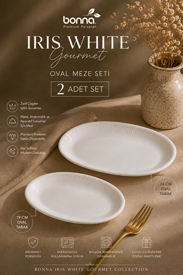 Set of 2 Bonna Iris White Gourmet Porcelain Oval Appetizer Plates 19 cm & 24 cm