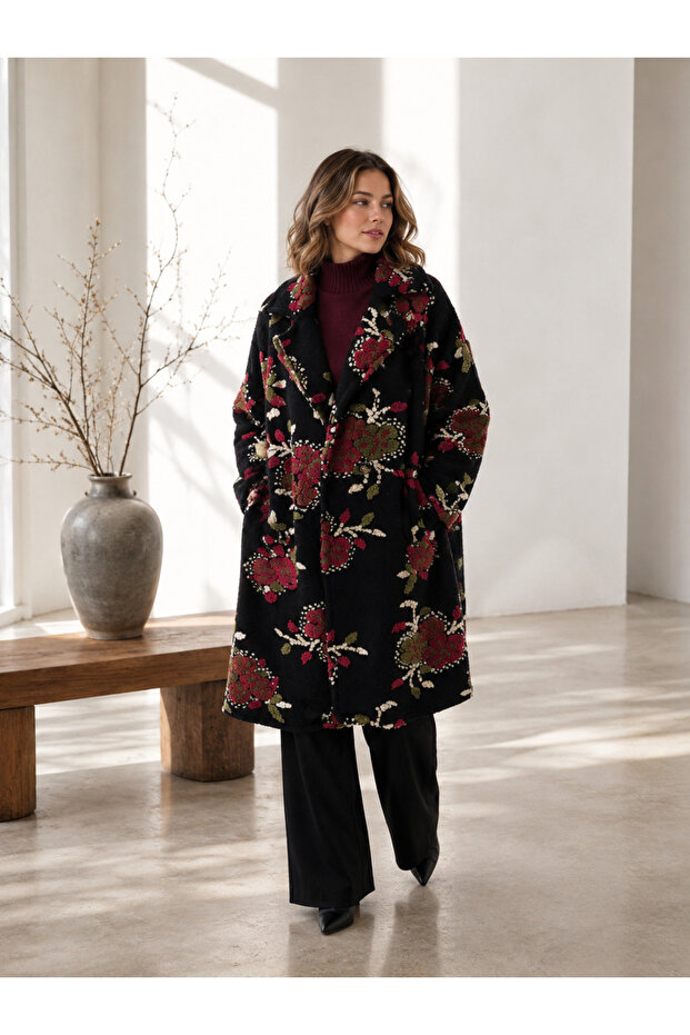 Women's Floral Patterned Felt Coat – Oversized Double-Breasted Collar Winter Long Coat