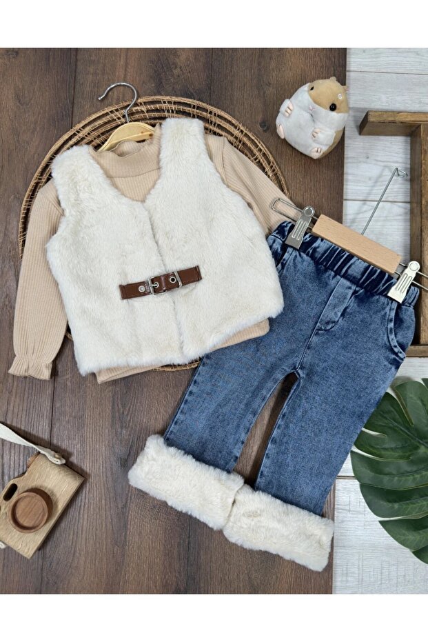 Plush Vest, Lined Leather Belt, Detailed Long Sleeve Badi Lycra Jeans, Fur Detailed 3-Piece Combination Baby Girl Set