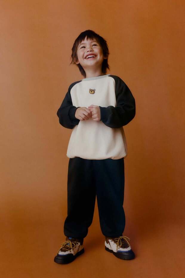 Children's Cotton Teddy Bear Embroidered Ecru Black School Sweatshirt and Sweatpants Set