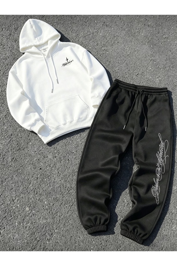 Unisex Men's Women's Gothic Letter Printed Oversize 3 Thread Hooded Hoodie and Jogger Bottom Sweatpants Set