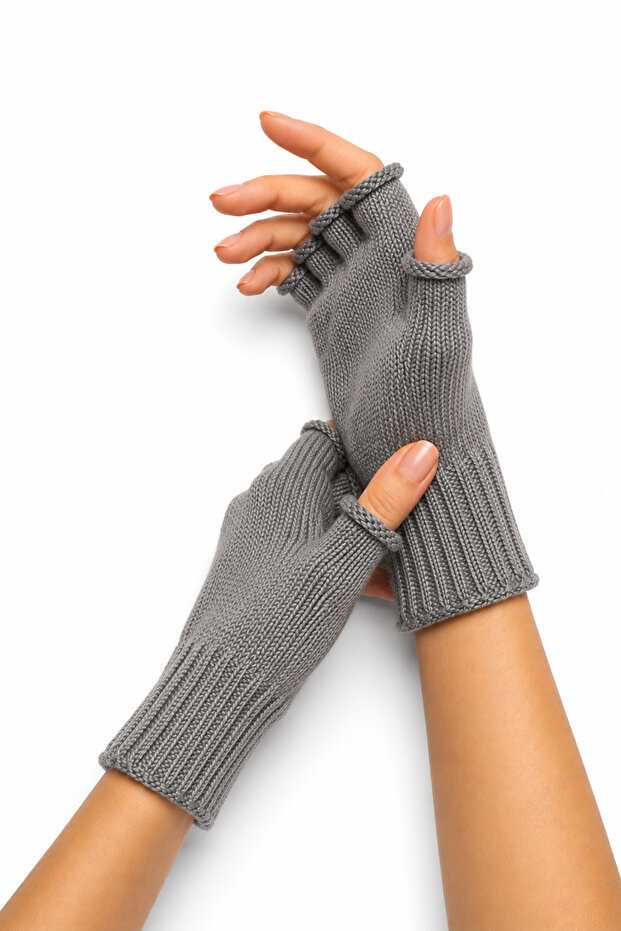 Unisex Cut-Out Half-Toe Gray Colored Knitwear Gloves