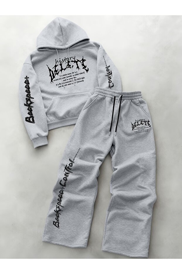 Unisex Men's and Women's Delete Text Printed Oversize 3 Thread Hooded Hoodie and Baggy Bottom Sweatpants Set