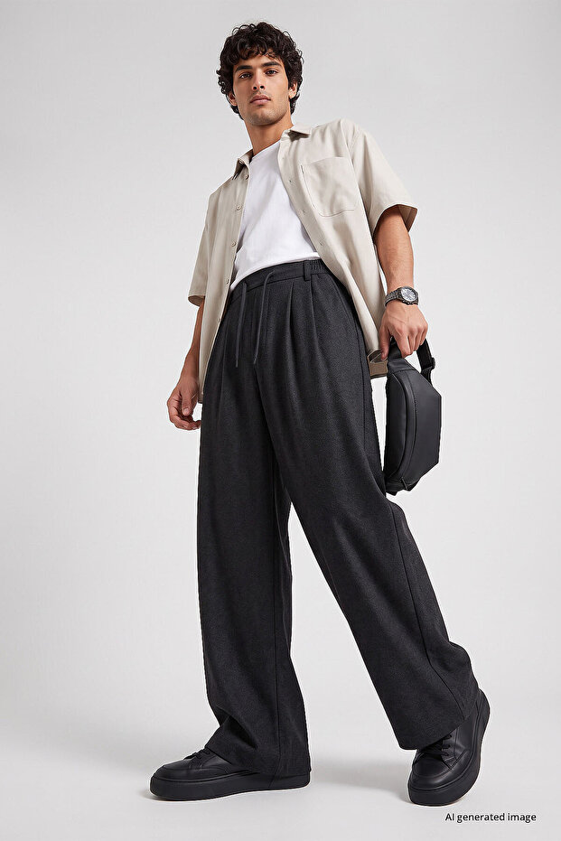 Anthracite Pleated Woven Palazzo Men's Trousers - 82201