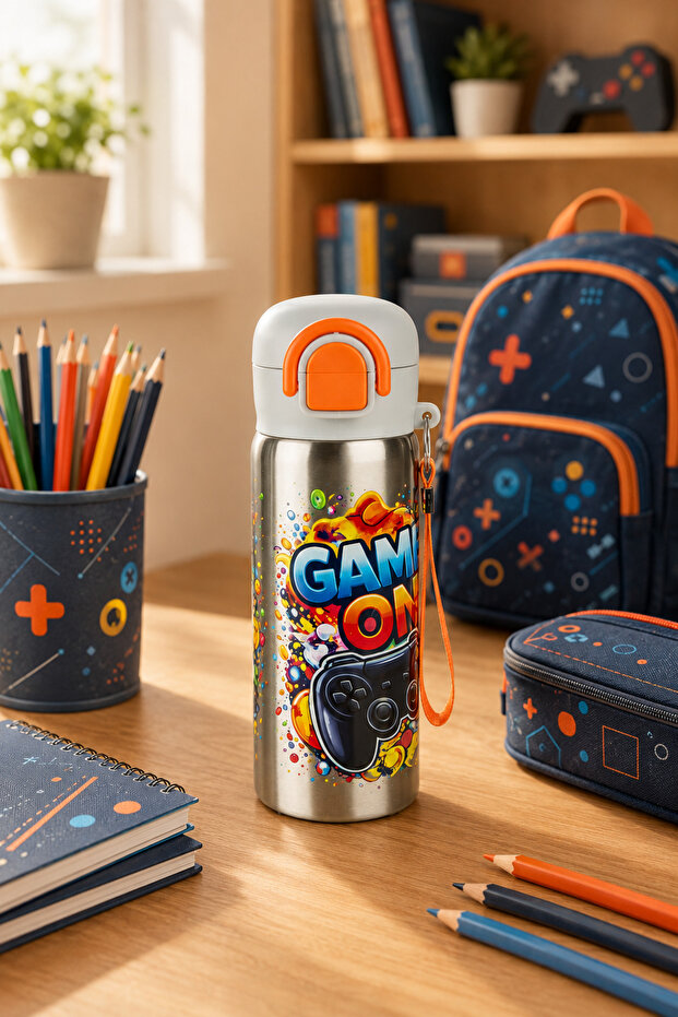 Siply 600 ml Patterned 304 Stainless Steel Children's Water Bottle with Double Drinking Mode and Lock Lid, Game Console