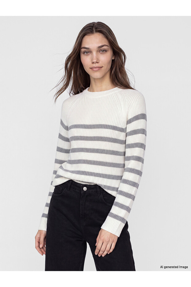 Lcw Modest Gray Crew Neck Striped Women's Knitwear Sweater