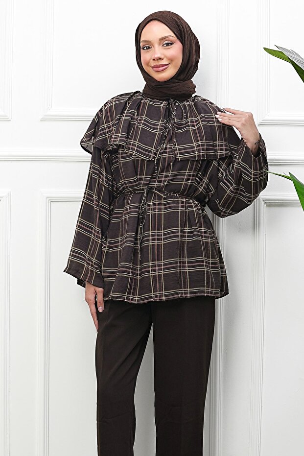 Brown Collared Cape Plaid Tunic