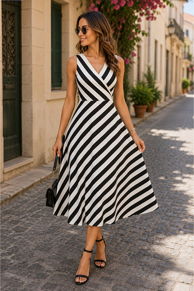The Most Comfortable Aspect of Elegance Women's Striped Strappy Double-Breasted Midi Dress