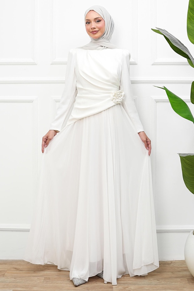 White Draped Front Evening Dress