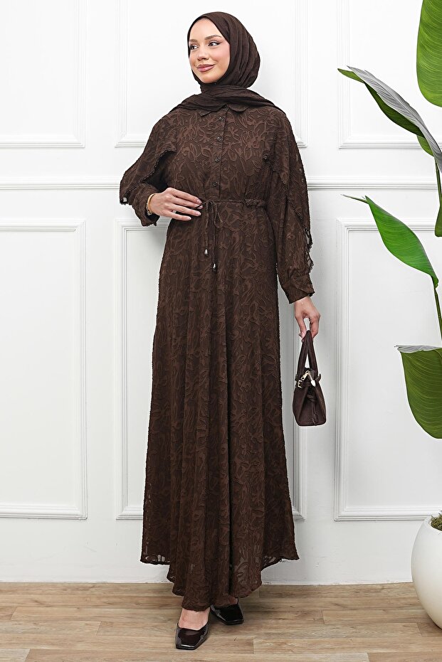 Brown Waist-Tie Patterned Dress